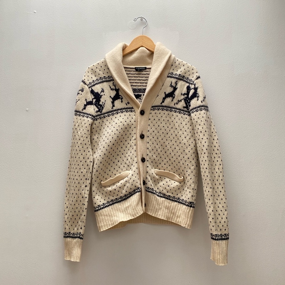 CLUB MONACO - Men's Cream and Black Shawl Collar Sweater Deer and Skiing Pattern